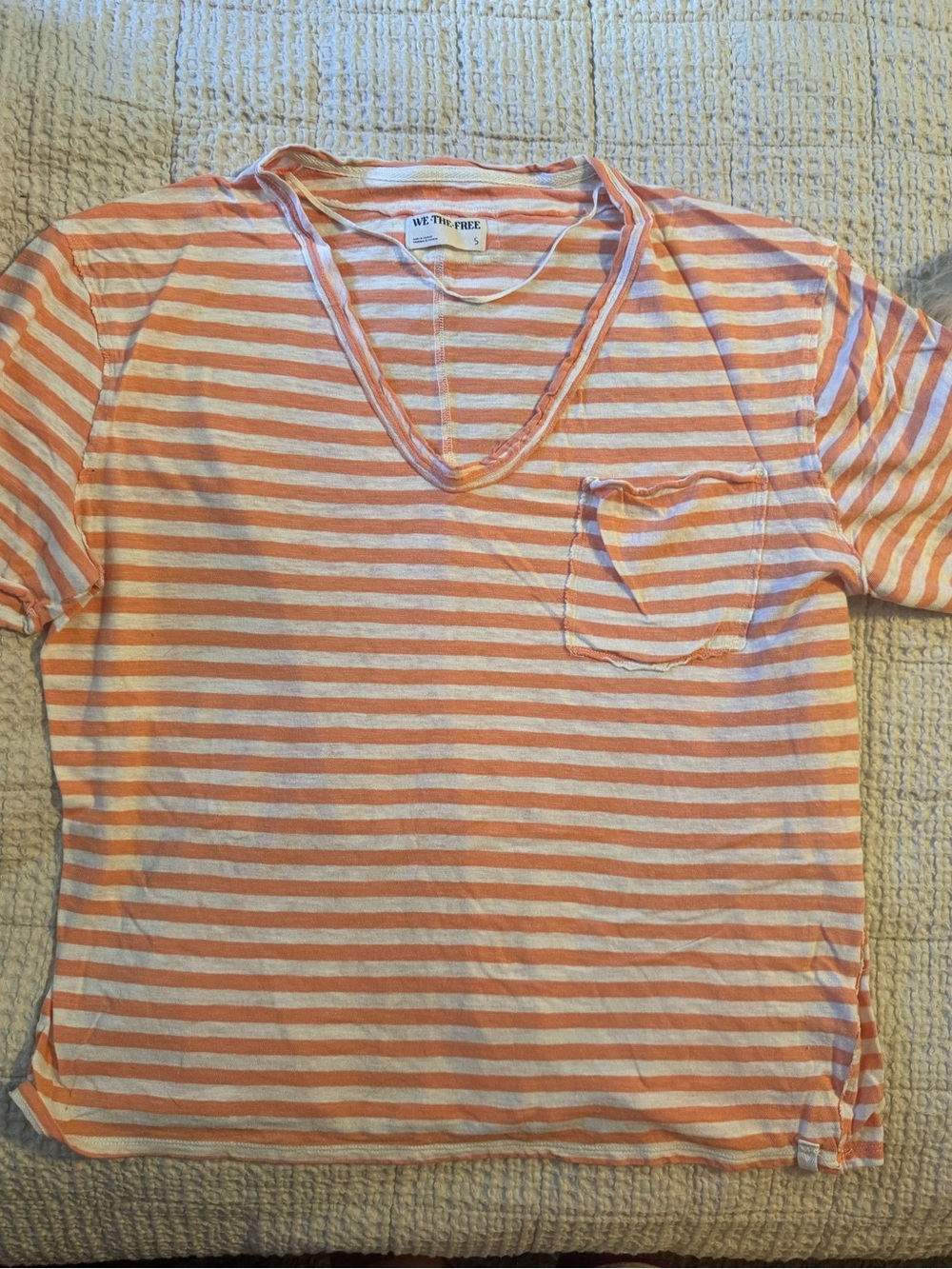 We The Free Striped V-Neck Tee in Coral & White size S oversized.